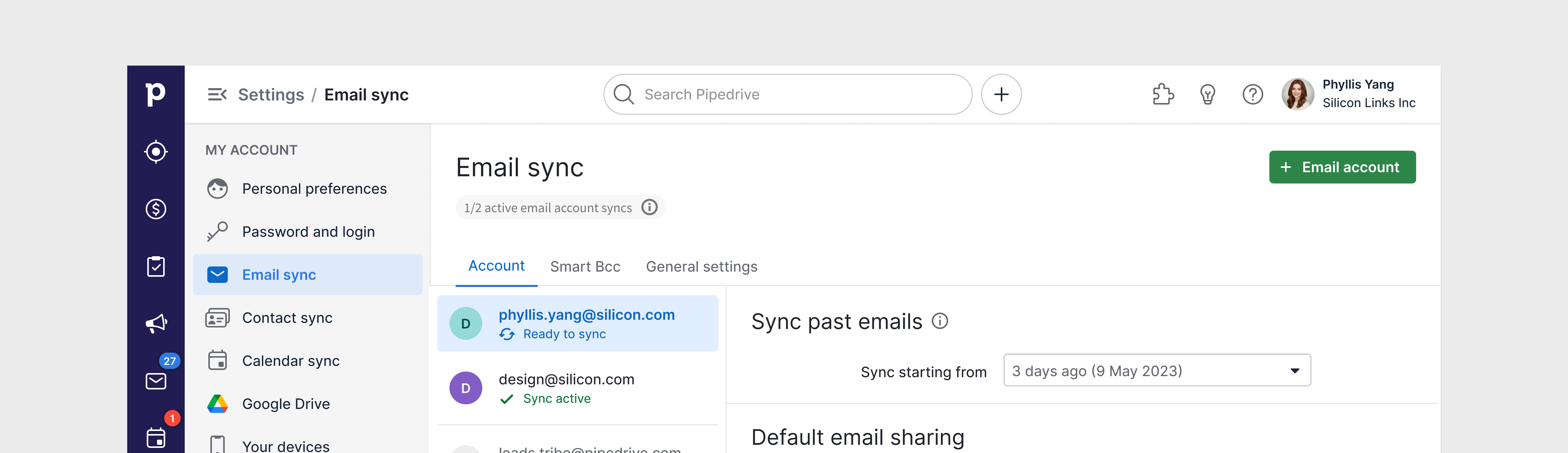 Pipedrive email sync settings