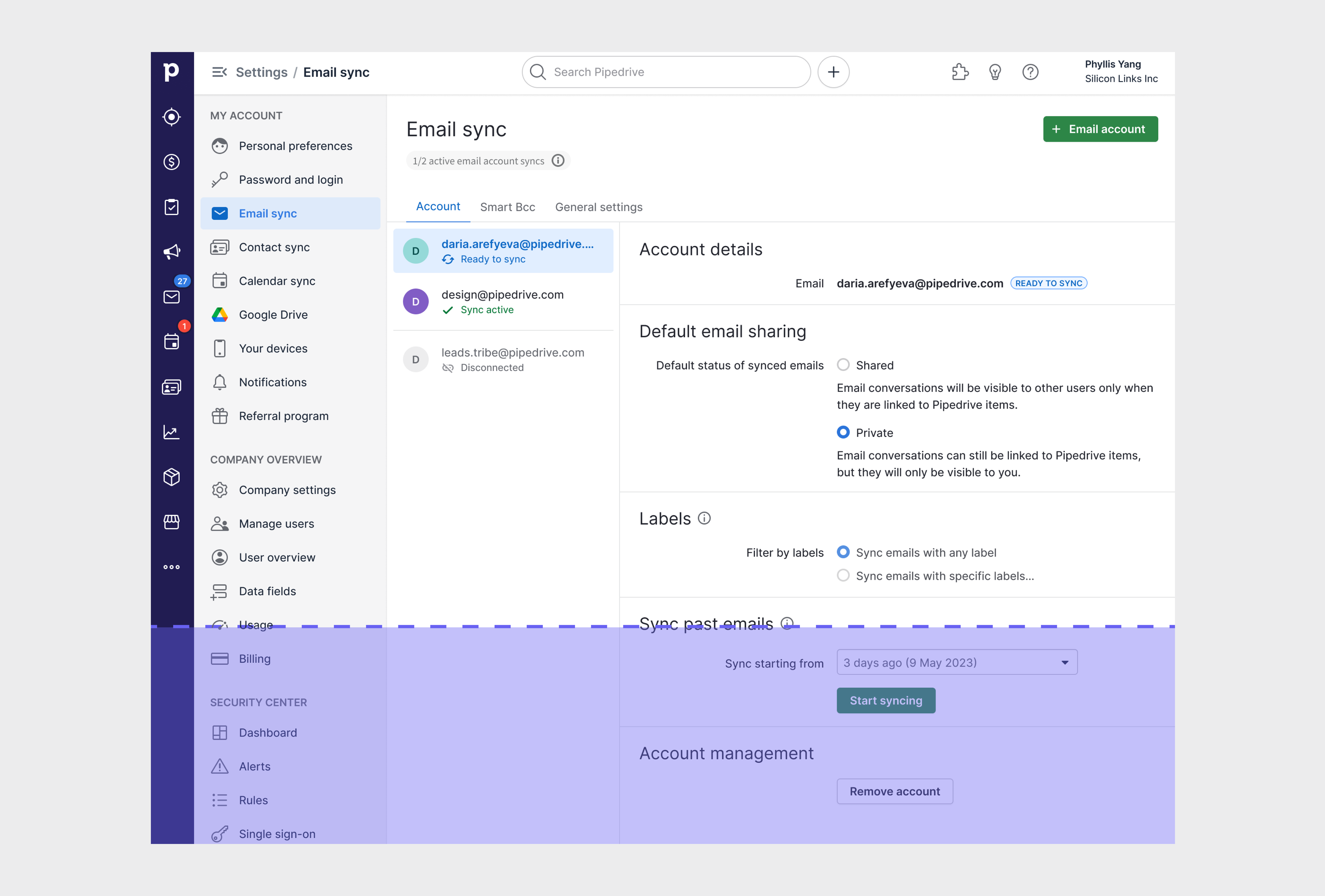 Pipedrive email sync settings page